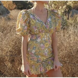 Rahi Petra Yellow Floral Mini Dress XLCotton Puff Sleeve V Neck Ruffle